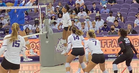 Nov 26, 2022 · TCU earned its first sweep of the fall in its regular season finale, breezing past Oklahoma in straight sets, 25-22, 25-22, 25-21, inside the McCasland Field House. The Horned Frogs (16-10, 11-5) finished third outright in the Big 12 standings for the first time in program history with the result. TCU also closed the show in the regular season ... . 
