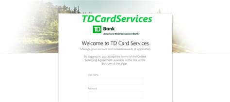 Tdcardservices com. TD Credit Card Services. Log in. Education Center. Online Servicing Agreement. 