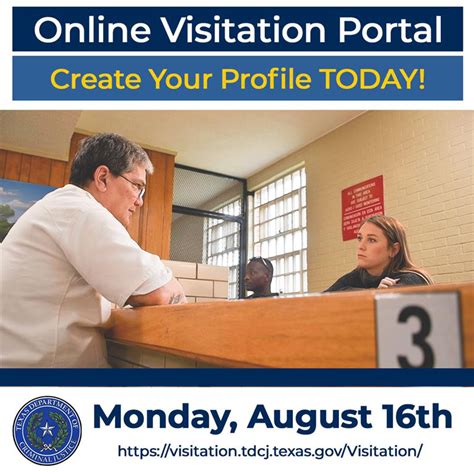 Tdcj online visitation. Inmate Information. Find a Facility. TDCJ News. TDCJ Visitation. Announcement. Friends and family are encouraged to review the Unit Visitation Schedulefor current visitation … 