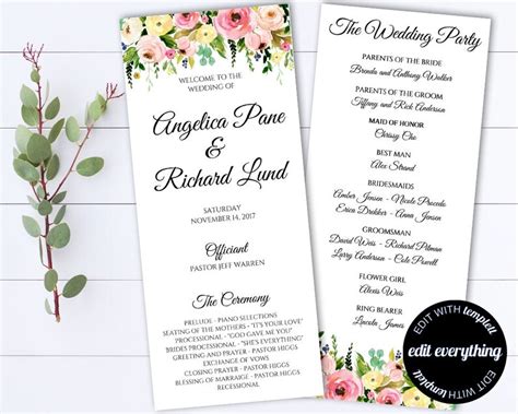 Tea Length Wedding Program Template Floral Ceremony Program Etsy