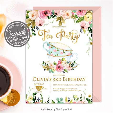 Tea Party Invitation Blank Downloadable Etsy