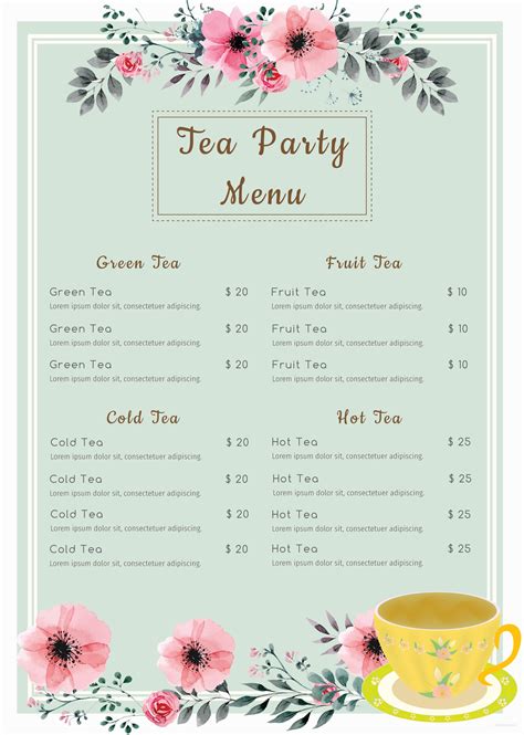 Tea Party Menu 7+ Free Design Templates Download