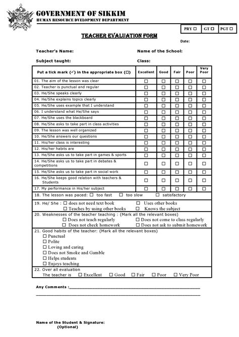 Teacher Evaluation Form Template Database