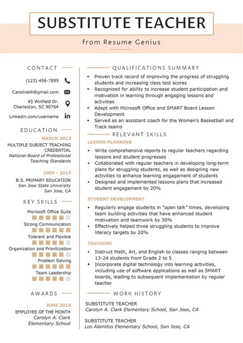 Teacher resume substitute. As a substitute teacher, you have the huge advantage of being able to choose when and where you want to work. This freedom allows you to plan your time to your benefit and gives you time for other endeavors. Here is a strong resume sample. Buy Template (Word + Google Docs) Download Resume in PDF. Screenshot. 