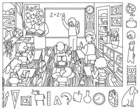 Teacher with children in class Find and color hidden objects in the