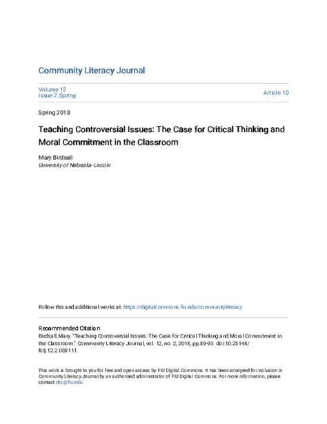 Teaching Controversial Issues The Case For Critical Thinking And Moral Commitment In The Classroom