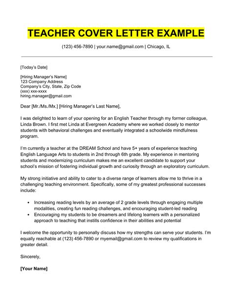Teaching Cover Letter Examples for Successful Job Application