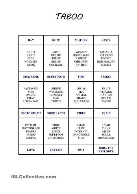 Teaching English Taboo! Game Cards {Free Printable} Taboo game
