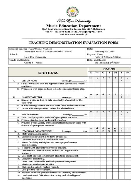 Teaching demonstration evaluation form