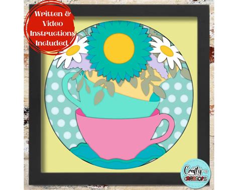 Teacups Svg Shadow Box, Spring Flower Filled Teacups 3D