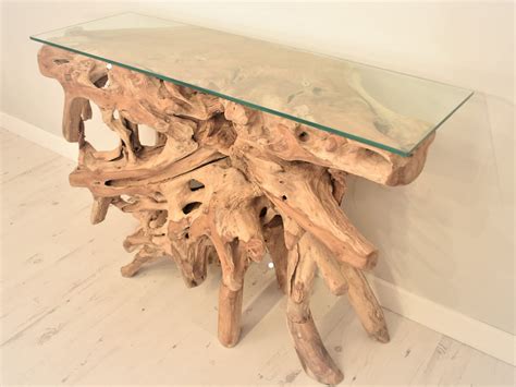 Teak Wood Root Console Table/Sofa Table With Glass Top, 48