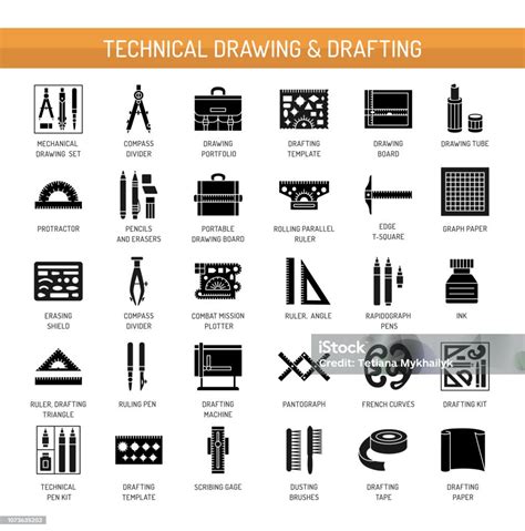 Technical Engineering Drawing Tools Vector Flat Icon Set Architect
