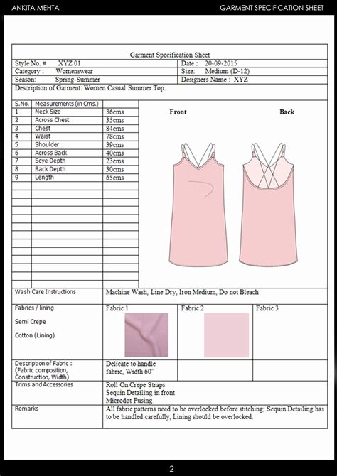 Technical Specification Sheet Templates for Fashion Design Basic Tops