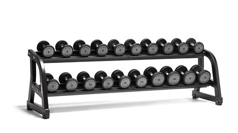 Technogym weights. Tech Specs. Fully textured handles for an optimal grip. Handles made of special steel with urethane-encased heads. Dumbbell weight printed clearly against grey background. Range of available weights. 1 kg to 60 kg. Range of dumbbell lengths. 197.4 to 389 mm. Handle diameter. 