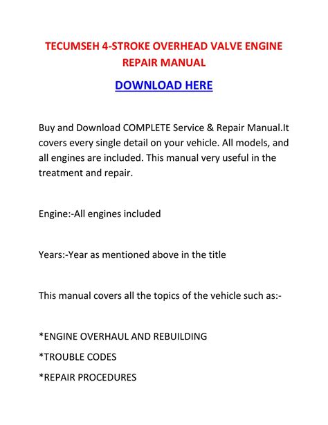 Tecumseh 4 stroke overhead valve engine repair manual. - Operators manual for a 3126 bush hog.