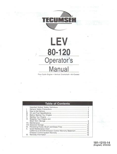 Tecumseh model lev 80 120 engines operator manual maintenance instructions. - Owners manual for 2008 pontiac g6.