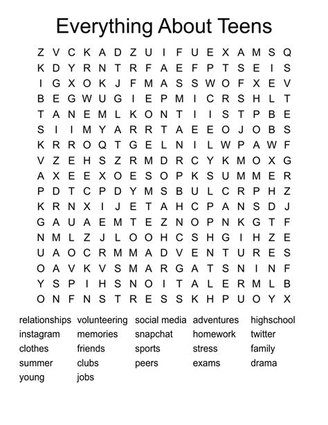 Teenagers Word Search WordMint