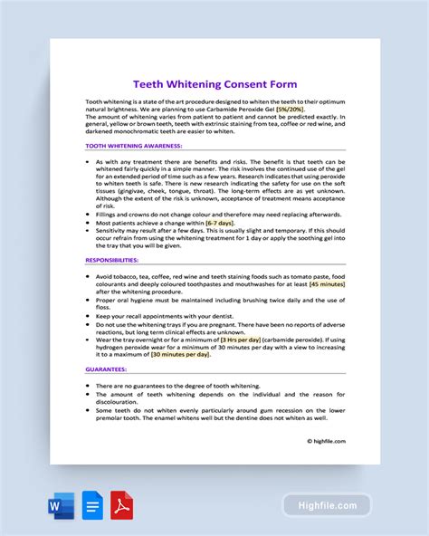 Teeth Whitening Consent Form Word PDF Google Docs