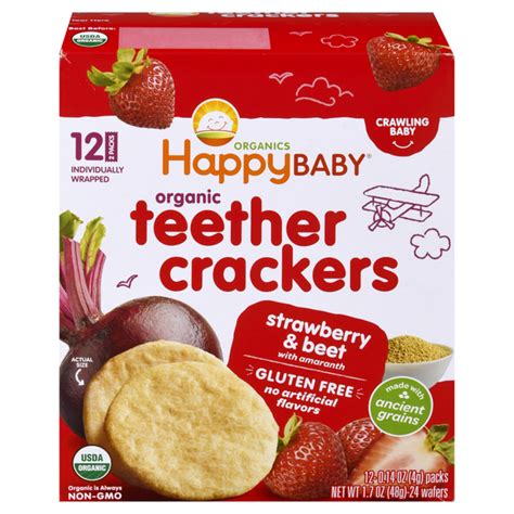 Teething crackers. Strawberry & Beet with Amaranth Teether Crackers. $4.99 / box. 1.8 oz box. 4.6. (25) Our easily-dissolving crackers are perfect for your crawling baby. Made with ancient grains and organic fruits and veggies, this tasty snack is easy on the gums and encourages self-feeding. Dissolves Easily. No Top 9 Allergens. 