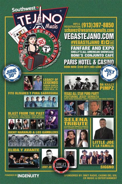 Apr 5, 2023 · Vegas Tejano Takeover 2023 is scheduled for July 6-9 at the Westgate Las Vegas Resort and Casino. This year’s event will include a tribute to late Tejano icon Jimmy Gonzalez and the reunions of legendary bands Romance and Fandango USA highlight the artist lineup for the four-day event in Las Vegas. The Tejano America Fan Fest Expo on Friday ... .