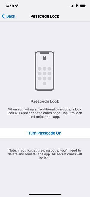 Telegram passcode lock.  This passcode lock needs to be set up on each device individually. ...