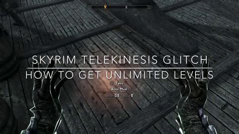 Telekinesis skyrim glitch. A thing I found for instant alteration levels. You need 100% fortify alteration and the telekinesis spell. I started at 18 alteration in the video and then you must open the map without releasing the spell and fast travel across the map. 