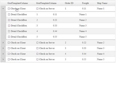 Define a column cell template ( <Template>) for the column. Place a TelerikCheckBox component inside. If the updated CheckBox values require real-time synchronization with a remote data source, then use the CheckBox OnChange or ValueChanged event. In this case, ValueChanged will also require a ValueExpression.. 