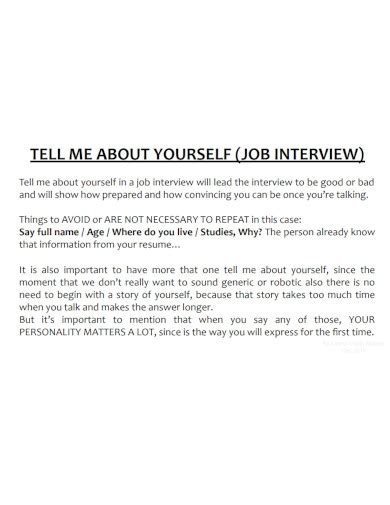 Tell me about yourself interview question and answer example pdf. 7 sample answers to “Tell me about yourself” question in an interview for a teaching job. Well, I’m Marry, 24 years old, fresh from college, and extremely excited about finally interviewing for my first real teaching job. I love being around children, and feel a big responsibility as someone who’s supposed to be not only a skilled ... 