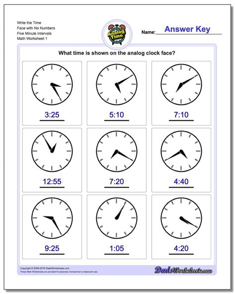 Telling Analog Time: Five Minute Intervals - dadsworksheets.com