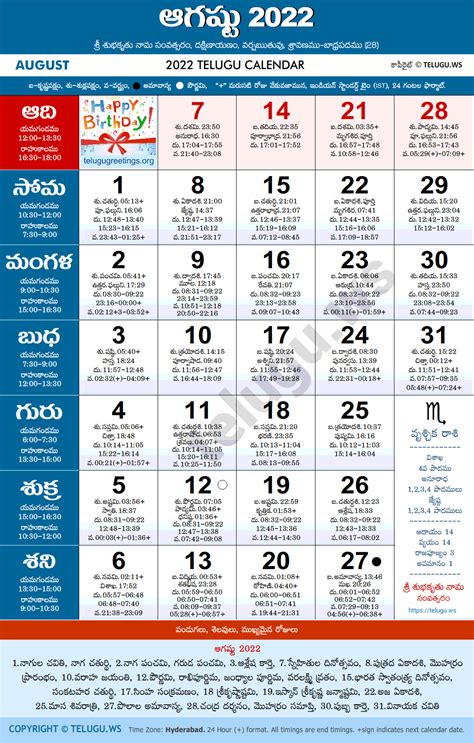 Telugu Calendar 2022 August Usa