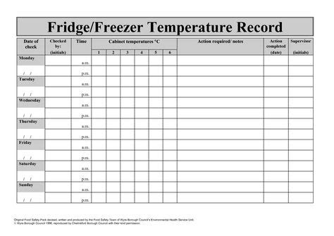 Temperature Chart Template FridgeFreezer Temperature Record sasa in