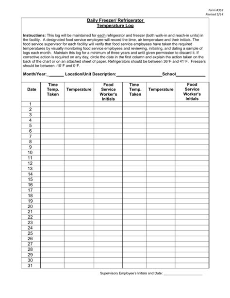 Temperature Log for Refrigerator Free Download