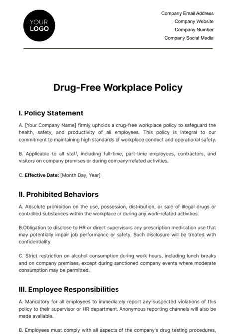 Template Drug Free Workplace Policy Program Drug Test Substance