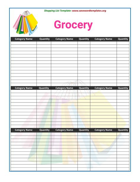 Template For Grocery Lis