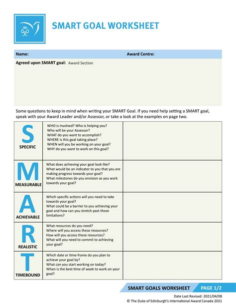 Template For Smart Goal Setting