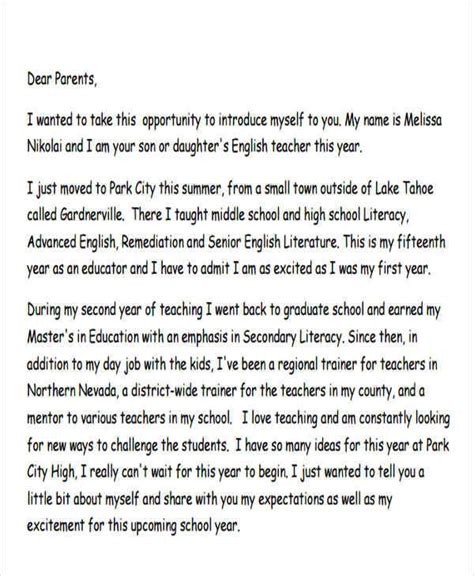 Template For Teacher Introduction Letter To Parents