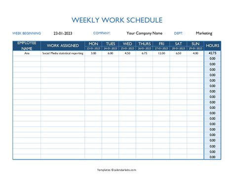 Template For Work Schedule Weekly