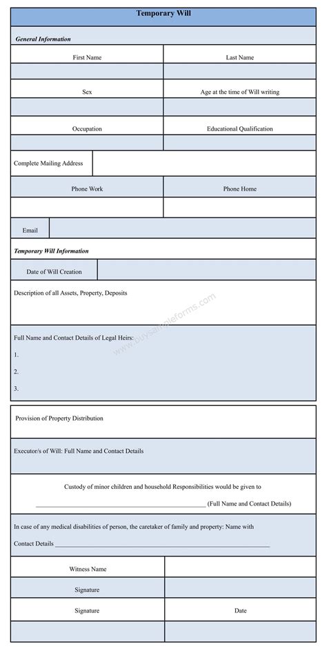 Temporary Will Form Sample Template Buy Sample Forms Online