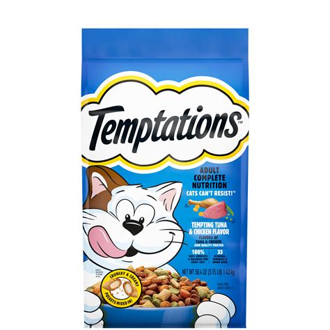 Temptation dry cat food. 100% complete and balanced Temptations Dry Cat Food is made with high-quality protein that helps support strong and healthy muscles. This savory cat food is packed with 35 essential vitamins, minerals, and amino acids, including calcium and vitamin D to support healthy teeth and bones and vitamin E to help support a … 