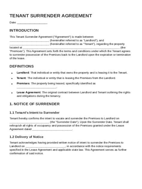 Tenant Surrender Agreement Template
