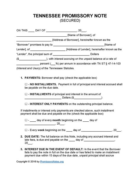 Tennessee Secured Promissory Note Template Promissory Notes