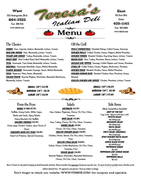 Teresa's Deli-Lakeshore (814) 833-6913. We make ordering easy. Learn more. 5360 West Lake Road, Erie, PA 16505; Restaurant website; American, Deli Food, Pizza $$ $$$. 
