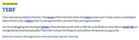 Nov 2, 2019 · Fuck Terfs. Terrible human being who invalidate trans women, and trans men. They are the cur of the world, and are enforcers of the patriarchy. And their true acronym is F.A.R.T. Which is feminism appropriating radical Transphobes. Fuck terfs. by Penelope Pierce May 5, 2021. Get the Fuck Terfs mug. 