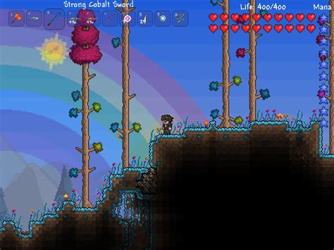 Terraria hallowed biome. The Hallow is a Hardmode surface biome. It is characterized by pastel-colored fairytale graphics, with cyan-colored grass, multicolored trees, and a large rainbow in the background, as well as similarly whimsical-looking (though dangerous) enemies. The Underground Hallow biome can be found directly beneath a naturally-generated Hallow biome. 