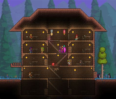 Terraria small npc house. houses need light source, door, chair, and table houses need to be enclosed need at least one solid block on floor (not platform) need to be X high and X long for NPCs to live their. The roof needs to be 5 blocks high, and the interior of the house needs to be 8 blocks long, so 10 blocks if you count the walls. 