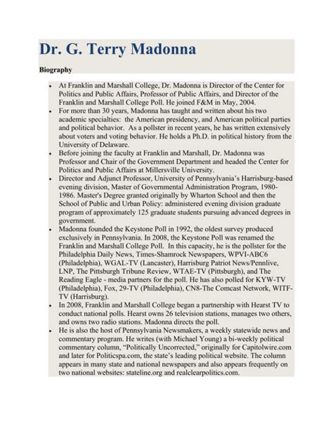 Terry Madonna Bio - DocsLib