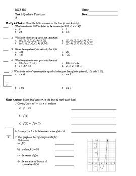 Test 11 Quadratic Functions Test Answers