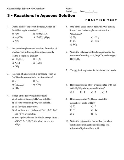 Test Aqueous Practice In Reactions Solution
