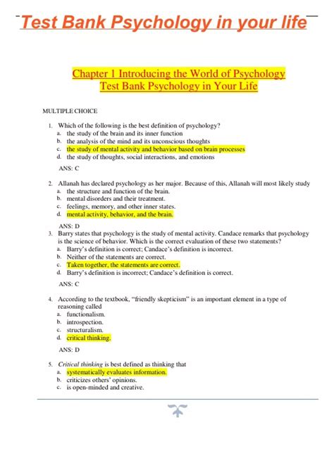 Test Bank For Psychology And Life