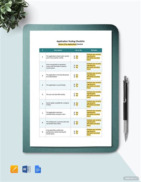 Test Checklist Template printable